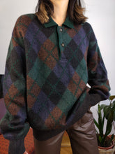 Load image into Gallery viewer, Vintage alpaca mohair wool mix knit sweater green diamond pattern fall winter knitted pullover jumper polo collar unisex L
