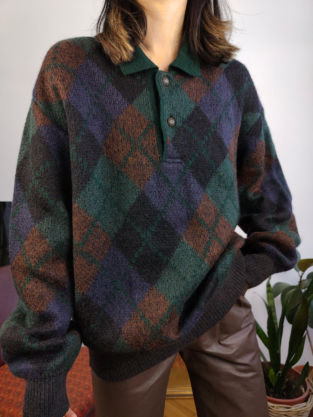 Vintage alpaca mohair wool mix knit sweater green diamond pattern fall winter knitted pullover jumper polo collar unisex L