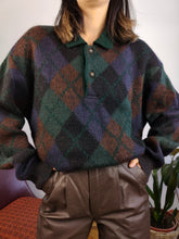 Load image into Gallery viewer, Vintage alpaca mohair wool mix knit sweater green diamond pattern fall winter knitted pullover jumper polo collar unisex L
