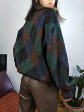 Load image into Gallery viewer, Vintage alpaca mohair wool mix knit sweater green diamond pattern fall winter knitted pullover jumper polo collar unisex L
