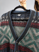Load image into Gallery viewer, Vintage alpaca mohair wool blend cardigan blue grey knit knitted pattern warm sweater jumper jacket Gatsby M
