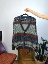 Load image into Gallery viewer, Vintage alpaca mohair wool blend cardigan blue grey knit knitted pattern warm sweater jumper jacket Gatsby M
