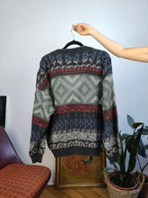 Load image into Gallery viewer, Vintage alpaca mohair wool blend cardigan blue grey knit knitted pattern warm sweater jumper jacket Gatsby M
