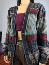 Load image into Gallery viewer, Vintage alpaca mohair wool blend cardigan blue grey knit knitted pattern warm sweater jumper jacket Gatsby M
