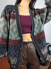 Load image into Gallery viewer, Vintage alpaca mohair wool blend cardigan blue grey knit knitted pattern warm sweater jumper jacket Gatsby M
