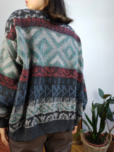 Load image into Gallery viewer, Vintage alpaca mohair wool blend cardigan blue grey knit knitted pattern warm sweater jumper jacket Gatsby M
