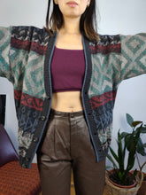 Load image into Gallery viewer, Vintage alpaca mohair wool blend cardigan blue grey knit knitted pattern warm sweater jumper jacket Gatsby M
