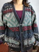Load image into Gallery viewer, Vintage alpaca mohair wool blend cardigan blue grey knit knitted pattern warm sweater jumper jacket Gatsby M
