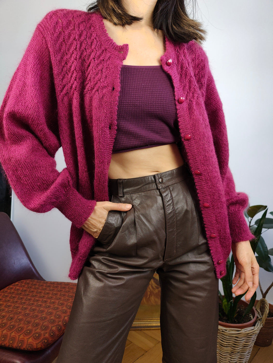 Vintage kid mohair wool cardigan pink magenta knit knitted sweater jumper women M