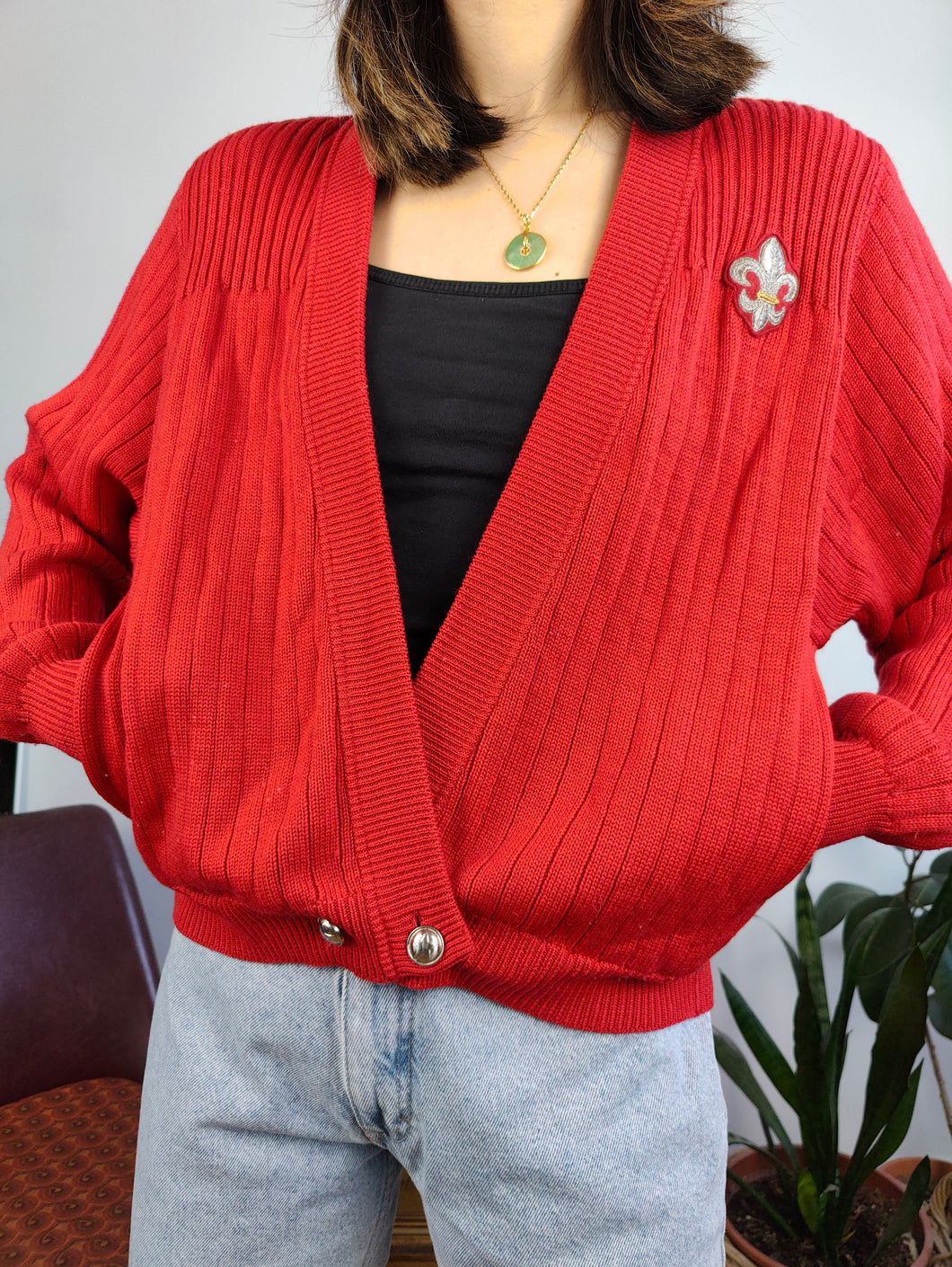 Vintage Les Copains 100% wool designer knit cardigan jacket red knitted sweater jumper S