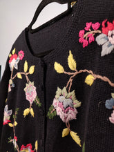 Load image into Gallery viewer, Vintage wool blend cardigan black flower floral embroidery knit knitted sweater jacket S
