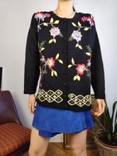Load image into Gallery viewer, Vintage wool blend cardigan black flower floral embroidery knit knitted sweater jacket S
