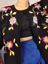 Load image into Gallery viewer, Vintage wool blend cardigan black flower floral embroidery knit knitted sweater jacket S
