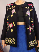 Load image into Gallery viewer, Vintage wool blend cardigan black flower floral embroidery knit knitted sweater jacket S
