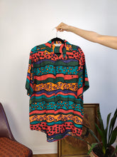 Load image into Gallery viewer, Vintage silk shirt red green orange crazy print pattern short sleeve Enrico Ariati unisex men L
