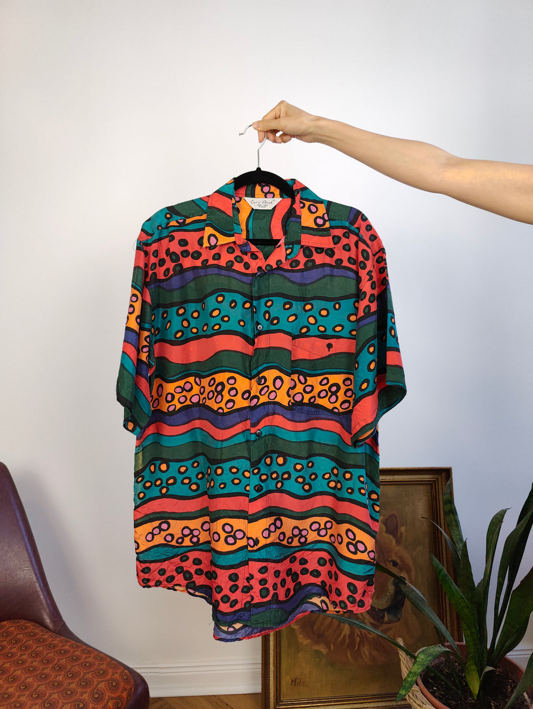 Vintage silk shirt red green orange crazy print pattern short sleeve Enrico Ariati unisex men L