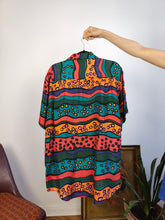 Load image into Gallery viewer, Vintage silk shirt red green orange crazy print pattern short sleeve Enrico Ariati unisex men L
