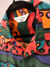 Load image into Gallery viewer, Vintage silk shirt red green orange crazy print pattern short sleeve Enrico Ariati unisex men L
