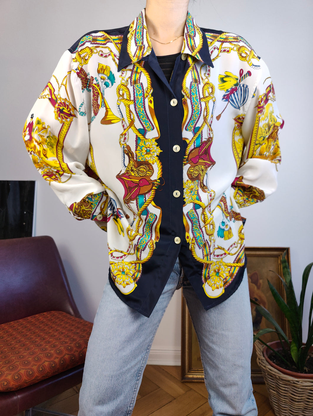 Vintage horse baroque blouse royal white equestrian crazy print pattern shirt Primavera M-L