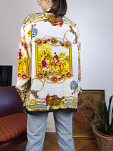 Lade das Bild in den Galerie-Viewer, Vintage-Pferde-Barockbluse, königliches weißes Reitsport-Hemd mit verrücktem Druckmuster, Primavera ML
