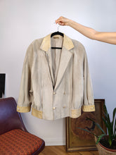 Load image into Gallery viewer, Vintage genuine suede leather jacket beige cream grey short women M
