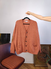 Load image into Gallery viewer, Vintage 100% merino lambs wool cardigan burnt orange knit knitted sweater jumper jacket elbow patch L
