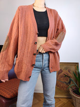 Load image into Gallery viewer, Vintage 100% merino lambs wool cardigan burnt orange knit knitted sweater jumper jacket elbow patch L
