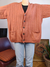 Load image into Gallery viewer, Vintage 100% merino lambs wool cardigan burnt orange knit knitted sweater jumper jacket elbow patch L

