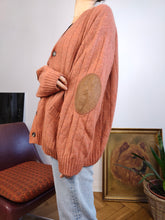 Load image into Gallery viewer, Vintage 100% merino lambs wool cardigan burnt orange knit knitted sweater jumper jacket elbow patch L
