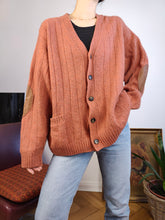 Load image into Gallery viewer, Vintage 100% merino lambs wool cardigan burnt orange knit knitted sweater jumper jacket elbow patch L
