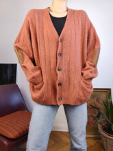 Load image into Gallery viewer, Vintage 100% merino lambs wool cardigan burnt orange knit knitted sweater jumper jacket elbow patch L
