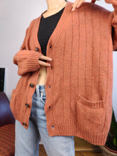 Load image into Gallery viewer, Vintage 100% merino lambs wool cardigan burnt orange knit knitted sweater jumper jacket elbow patch L
