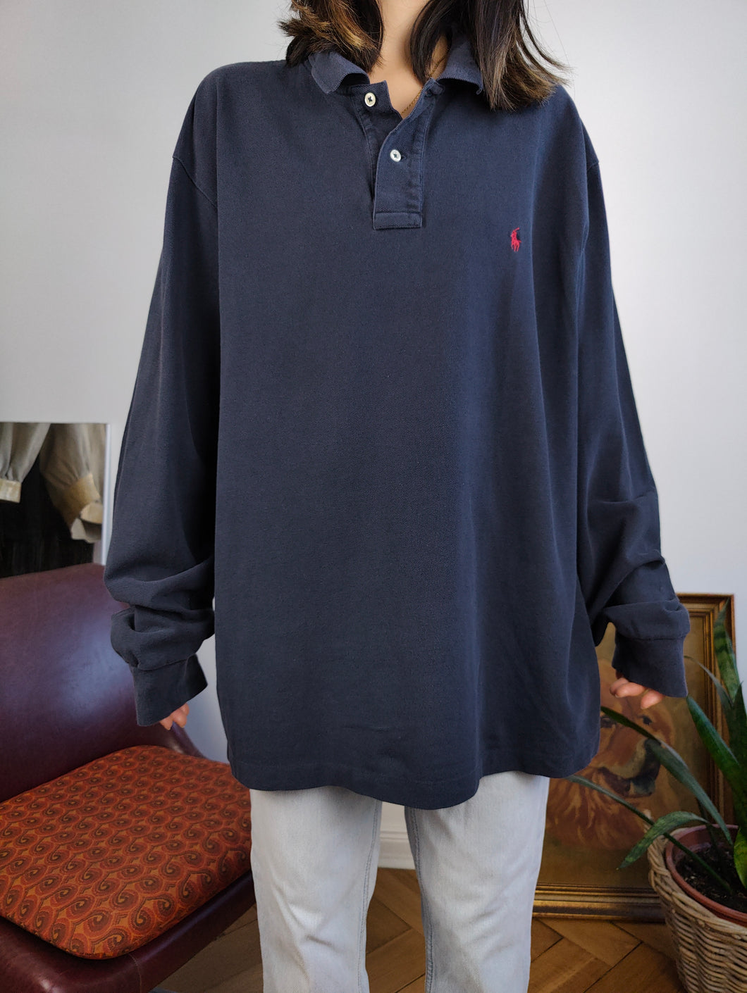 Vintage Ralph Lauren navy blue long sleeve polo shirt cotton sweater unisex men XL