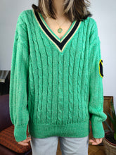 Load image into Gallery viewer, Vintage cotton blend cable knit sweater V neck college green plain patchwork knitted pullover jumper M

