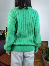 Load image into Gallery viewer, Vintage cotton blend cable knit sweater V neck college green plain patchwork knitted pullover jumper M
