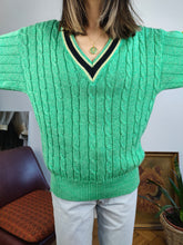 Load image into Gallery viewer, Vintage cotton blend cable knit sweater V neck college green plain patchwork knitted pullover jumper M
