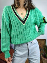 Load image into Gallery viewer, Vintage cotton blend cable knit sweater V neck college green plain patchwork knitted pullover jumper M
