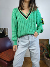 Load image into Gallery viewer, Vintage cotton blend cable knit sweater V neck college green plain patchwork knitted pullover jumper M
