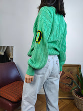 Load image into Gallery viewer, Vintage cotton blend cable knit sweater V neck college green plain patchwork knitted pullover jumper M
