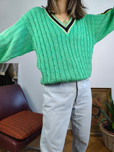 Load image into Gallery viewer, Vintage cotton blend cable knit sweater V neck college green plain patchwork knitted pullover jumper M

