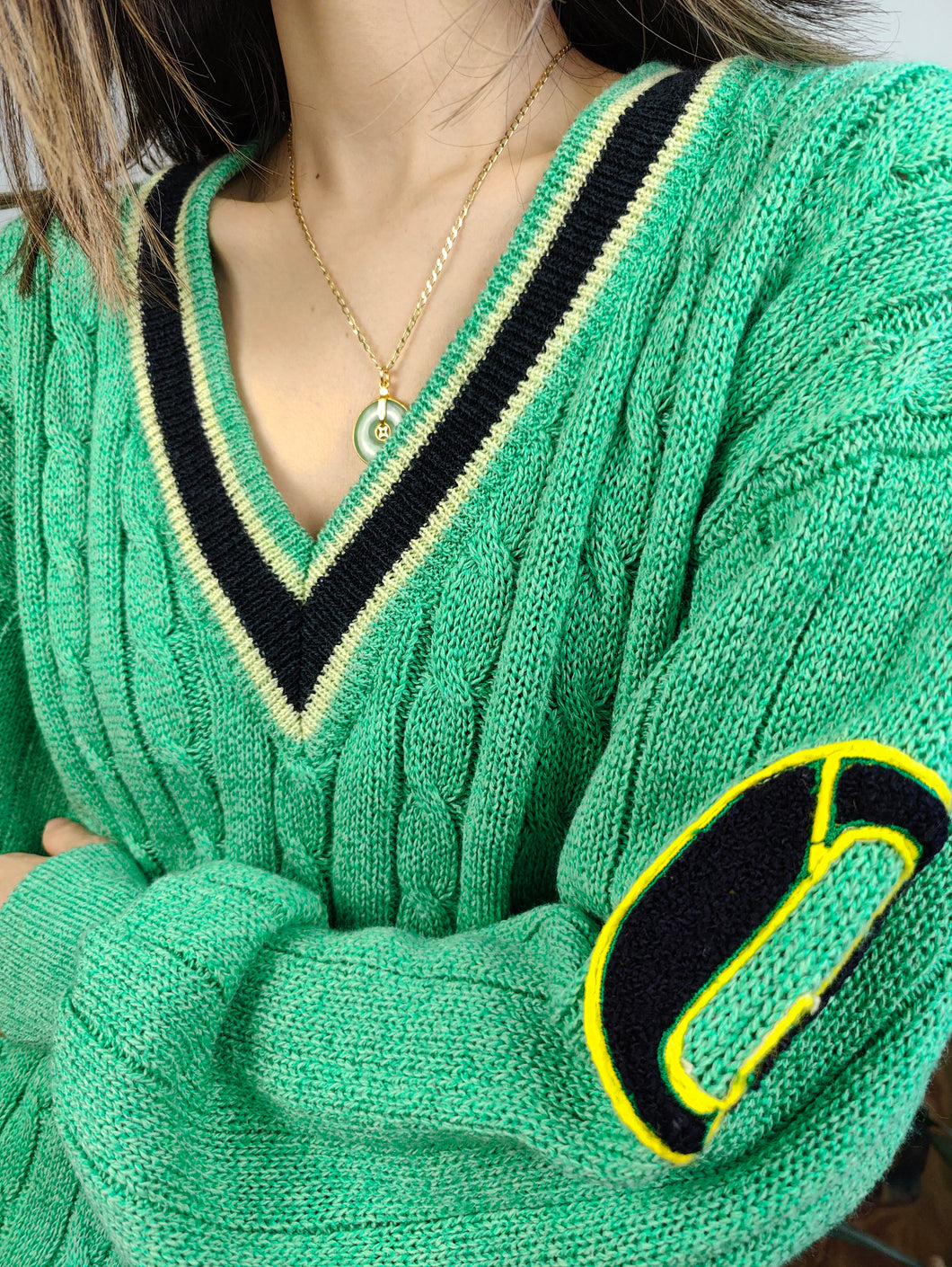 Vintage cotton blend cable knit sweater V neck college green plain patchwork knitted pullover jumper M