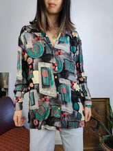 Load image into Gallery viewer, Vintage blouse viscose black grey art crazy print geometrical pattern shirt women M
