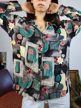 Load image into Gallery viewer, Vintage blouse viscose black grey art crazy print geometrical pattern shirt women M
