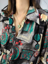 Load image into Gallery viewer, Vintage blouse viscose black grey art crazy print geometrical pattern shirt women M

