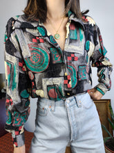 Load image into Gallery viewer, Vintage blouse viscose black grey art crazy print geometrical pattern shirt women M
