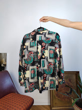 Load image into Gallery viewer, Vintage blouse viscose black grey art crazy print geometrical pattern shirt women M
