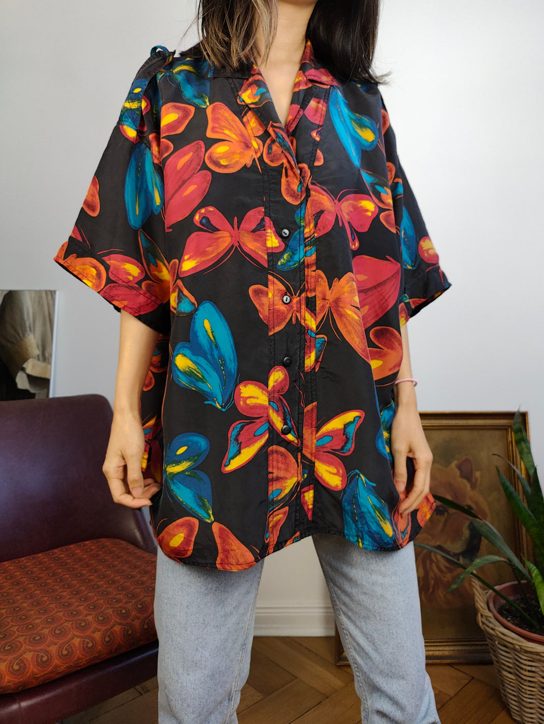 Vintage 100% silk shirt crazy print pattern butterfly animal black red short sleeve unisex men M-L
