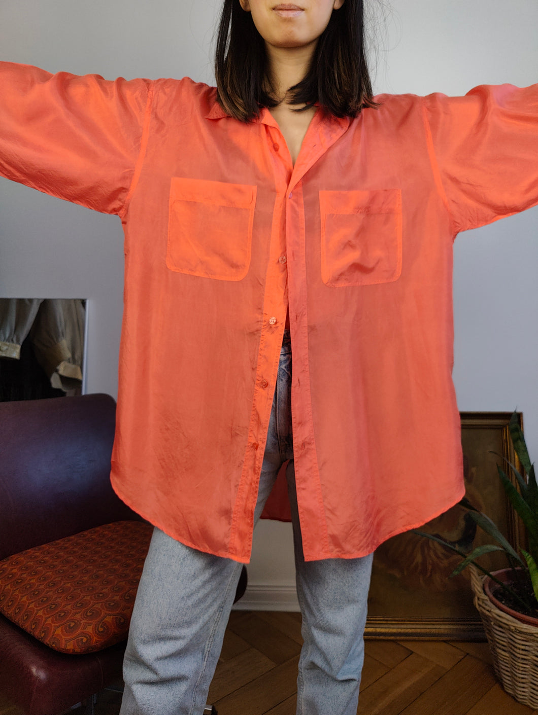 Vintage 100% silk shirt blouse orange long sleeve button up plain unisex men L