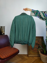 Load image into Gallery viewer, Vintage 90s silk bomber jacket blouson green teal made in Italy unisex men 52 L
