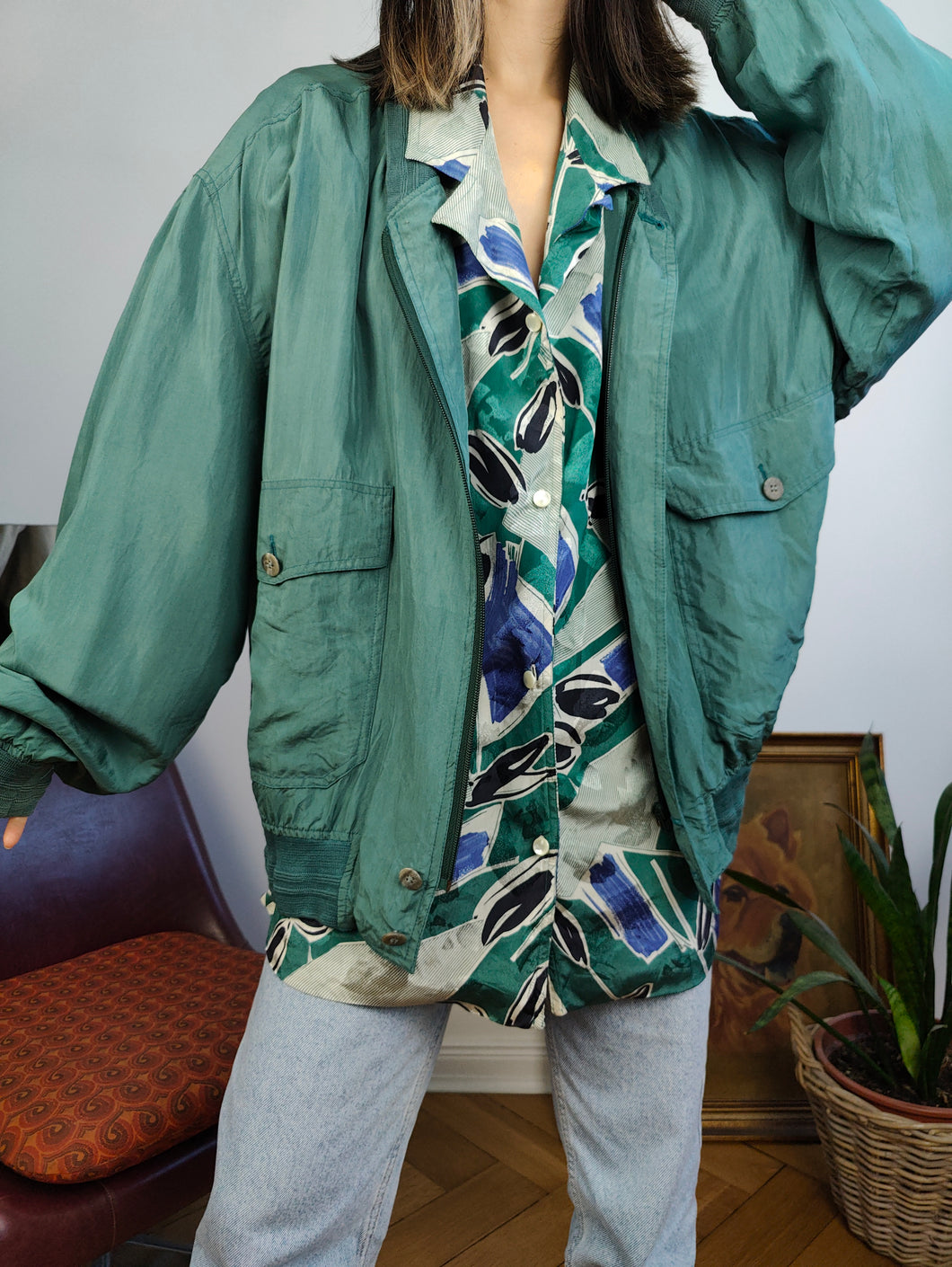 Vintage 90s silk bomber jacket blouson green teal made in Italy unisex men 52 L